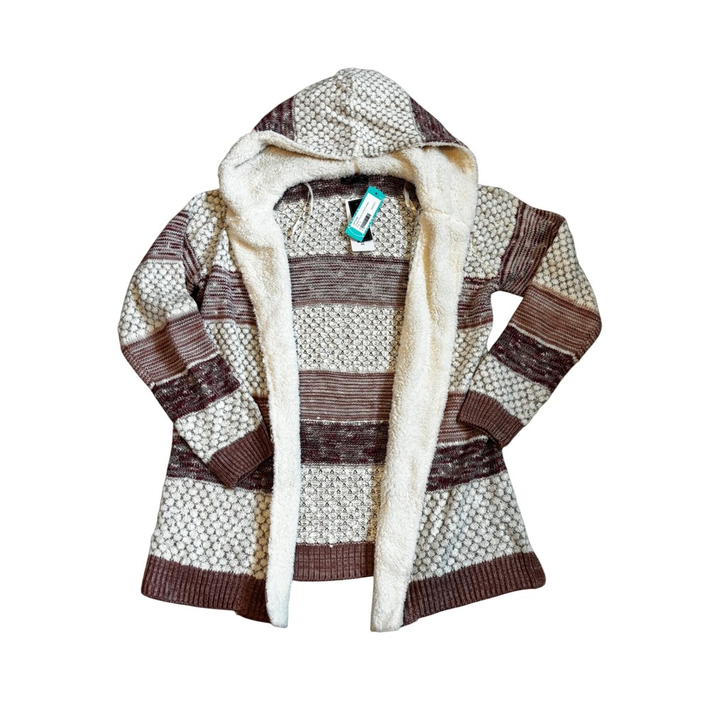Lety & Me Shianne Sherpa Hooded Cardigan Pink Striped Open Front Sweater NWT S